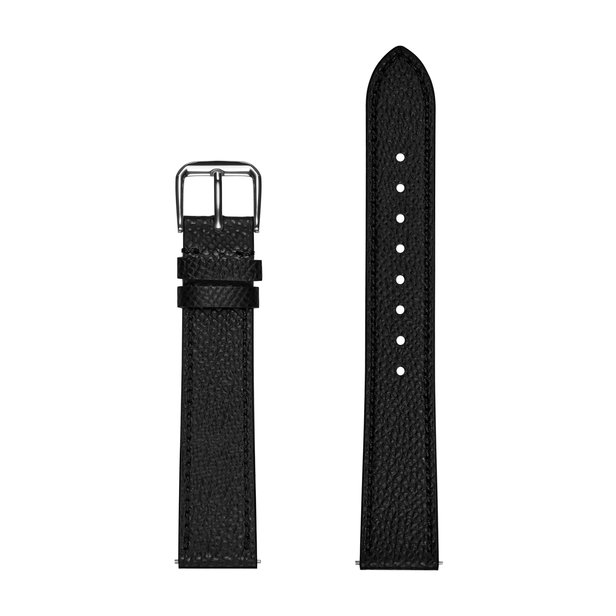 Black Pebble-Grain Genuine Leather Strap with Silver Buckle