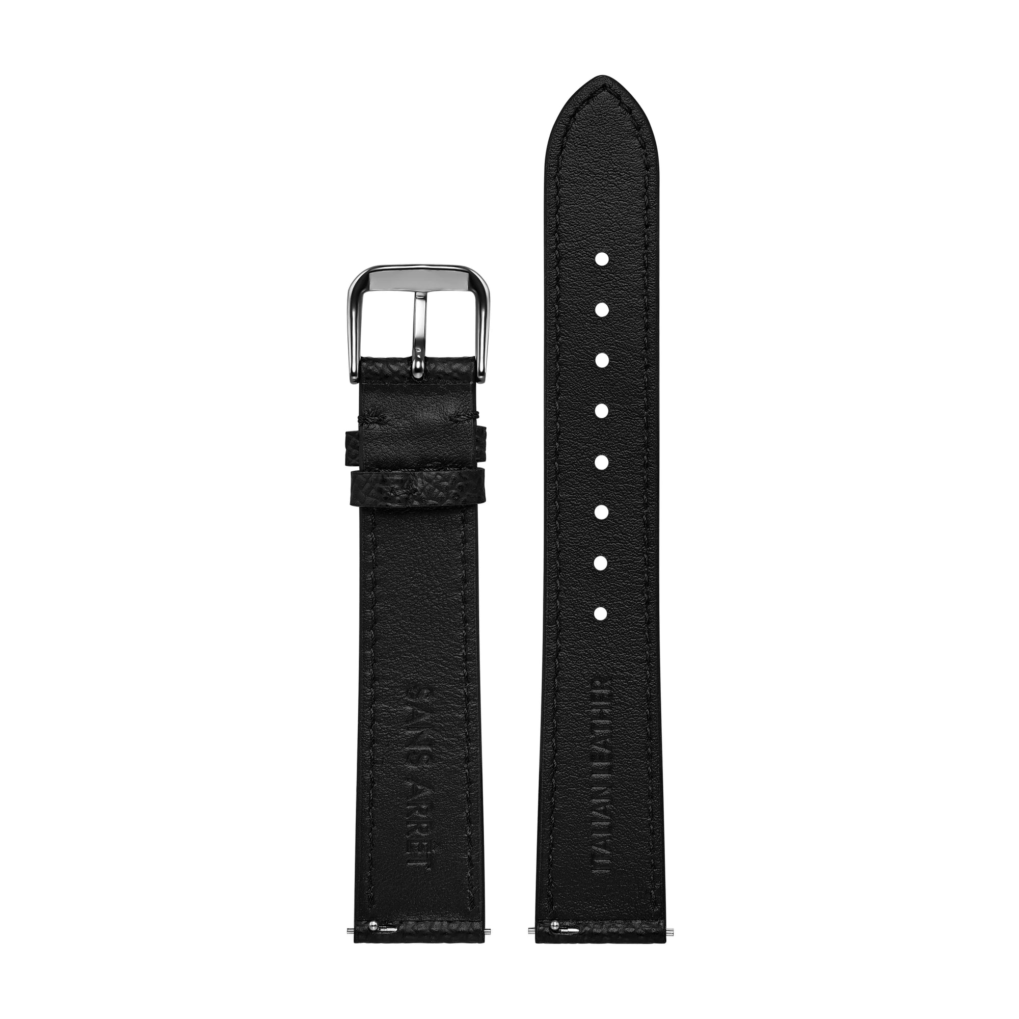 Black Pebble-Grain Genuine Leather Strap with Silver Buckle